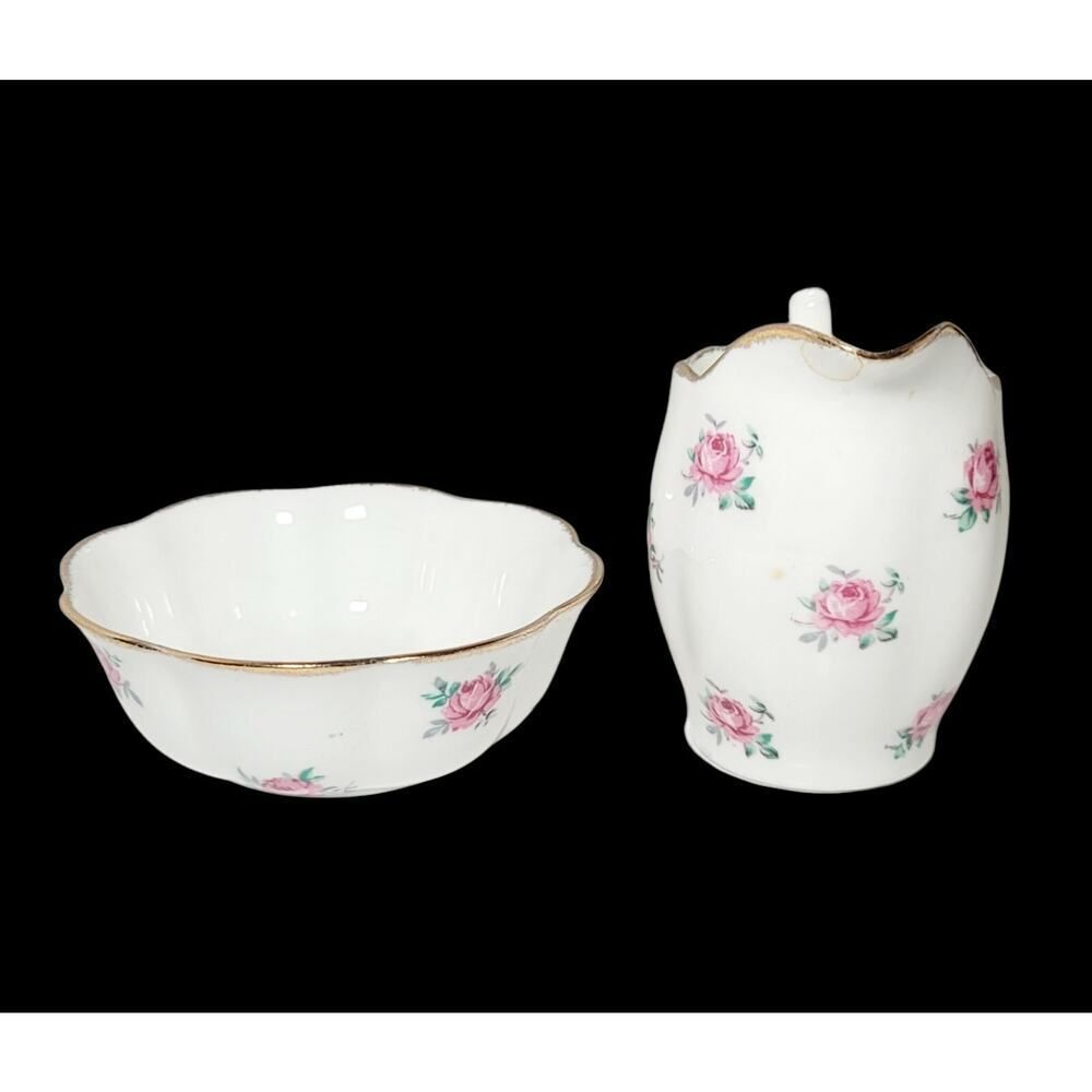 Vintage Jason Creamer and Open Sugar Bowl Pink Bud Roses Gold Trim England - Picture 2 of 8